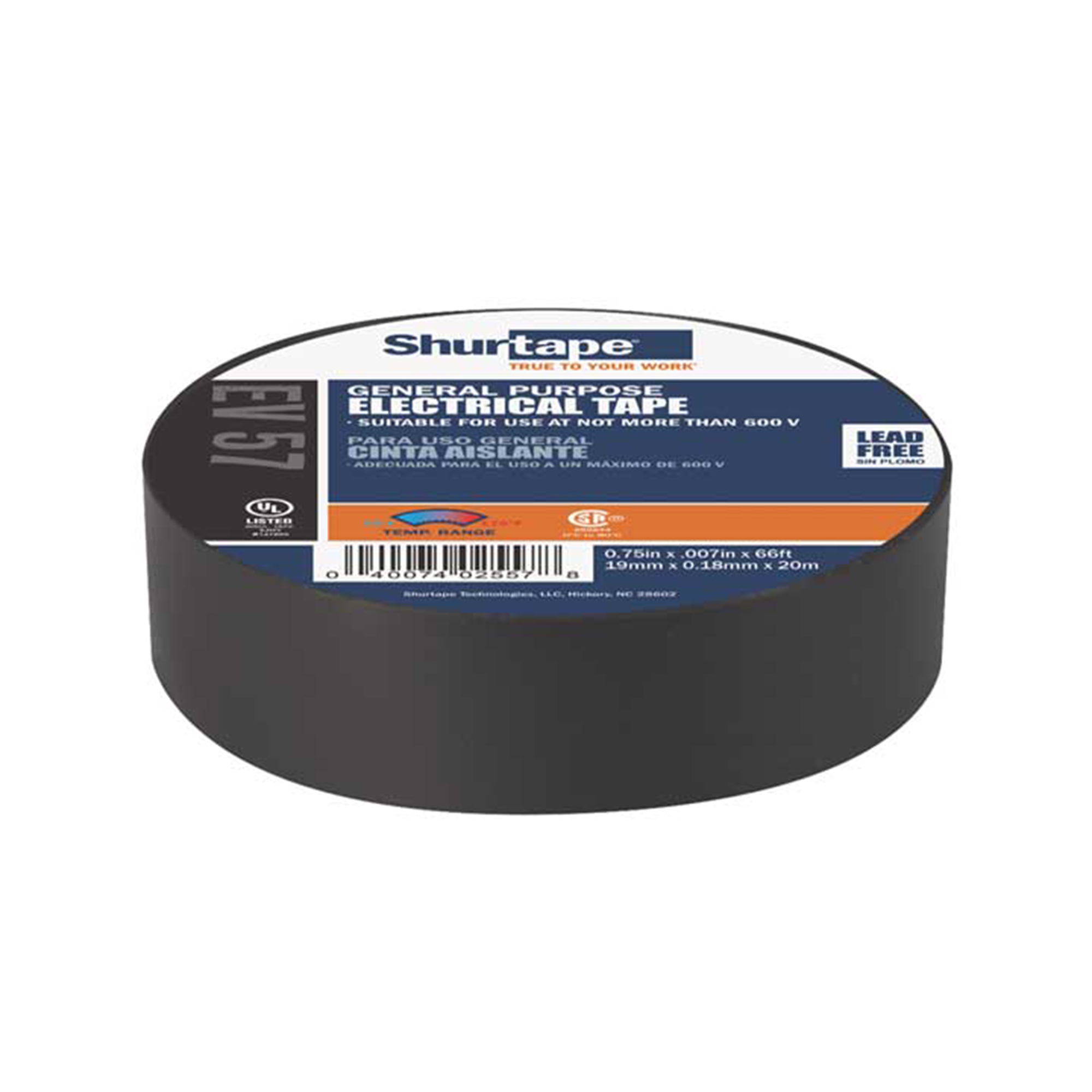 Shurtape EV 57 General Purpose Electrical Tape — 7.0 Mil, 3/4in. x 66ft., Black, Flame-Retardant, UL Listed, Sleeve of 10, Model# SHT200782